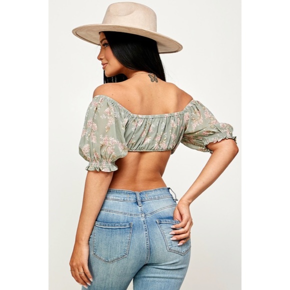 Sage Floral Cropped Off/On The Shoulder Tie Front Short Sleeve Top Casual - Picture 5 of 7